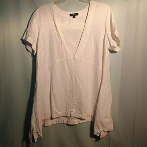 White Linen Blend Short Sleeve Tunic Top | Deep V-Neck Relaxed Fit Blouse